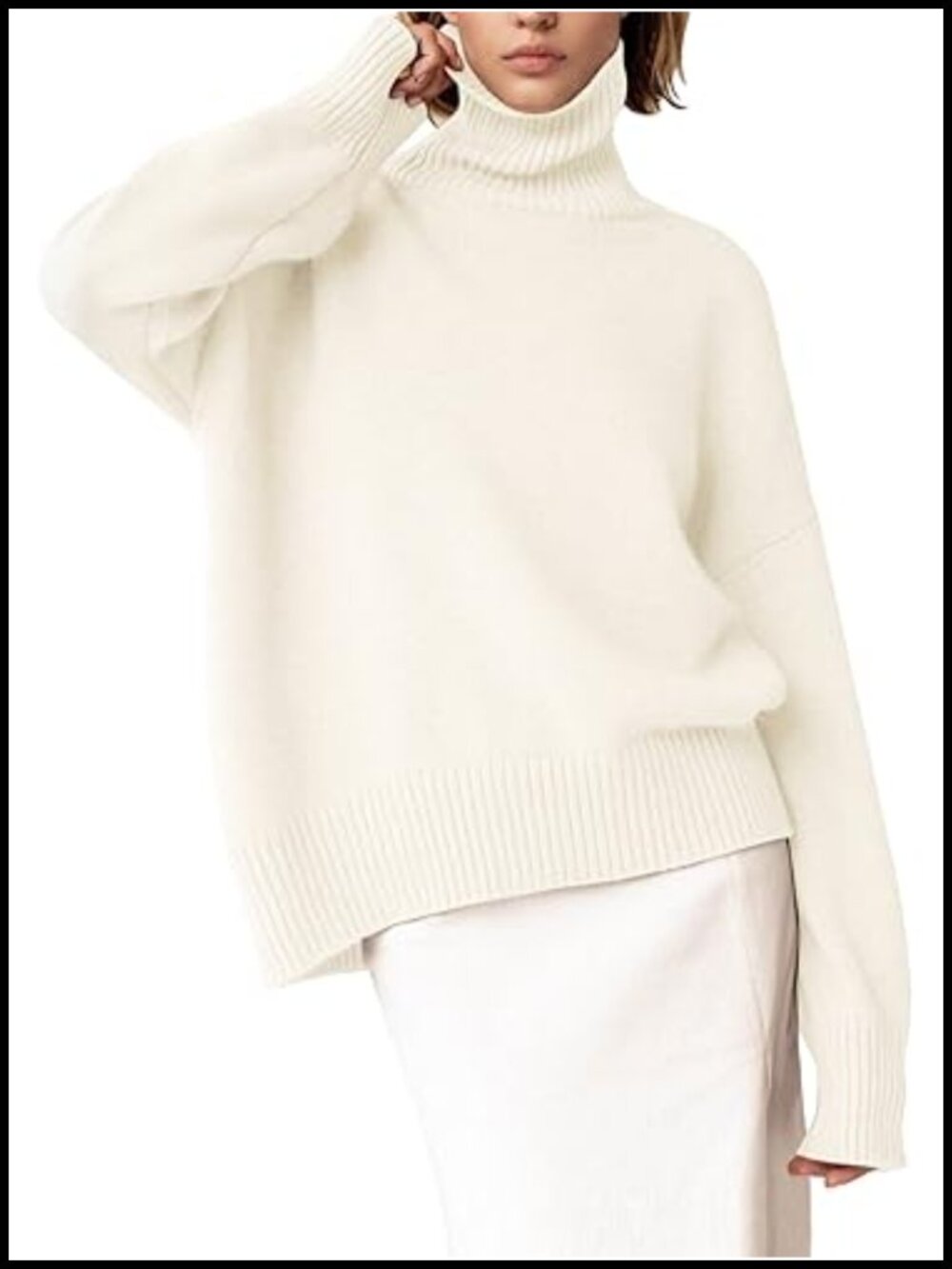 Chunky Knitted Turtleneck Pullover Sweater Long Sleeve High Low Hem Rayon Blend